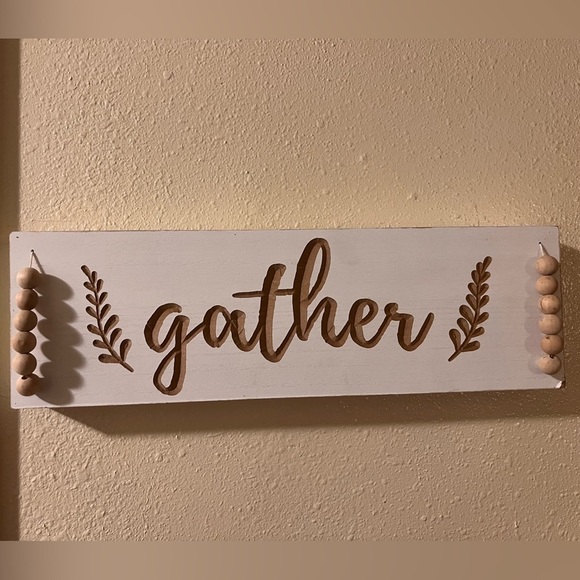 Neutral Farmhouse Bohemian "Gather" Sign Wooden Beaded Wall Hanging 18" x 5.5" - Picture 1 of 10